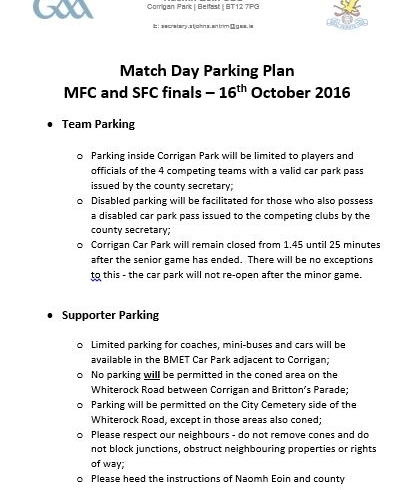 Car park and bar arrangements for Sunday’s county finals